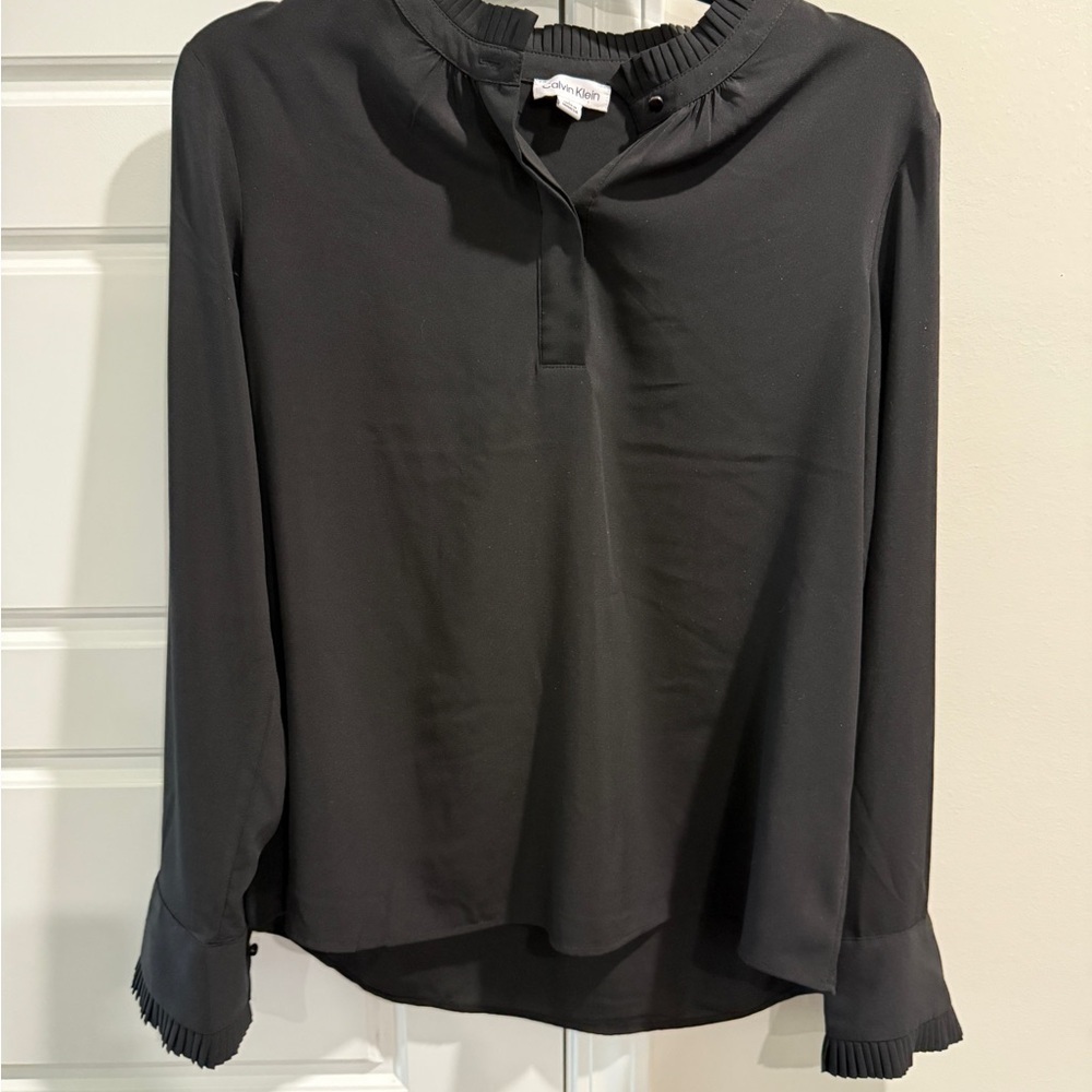 Calvin Klein Black Pleated Blouse Interview Outfit Minimalist Classic Office L